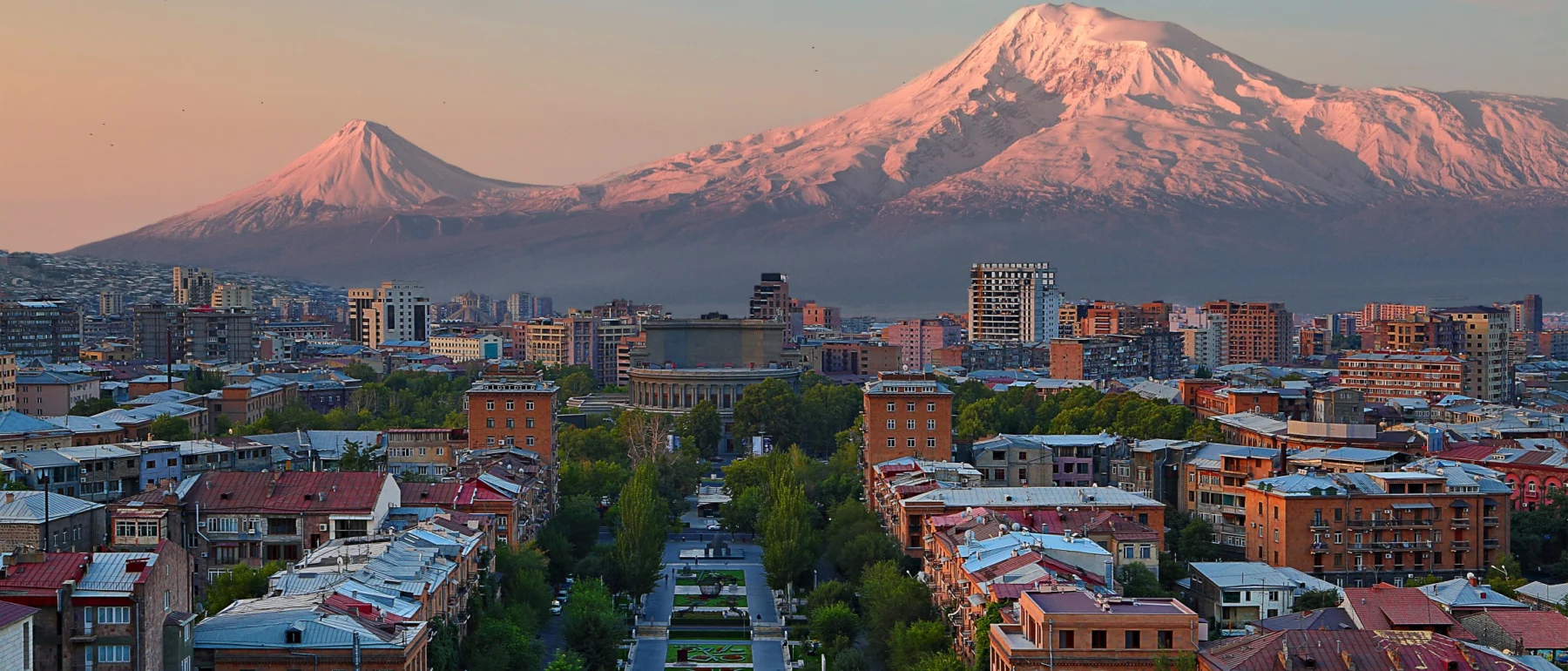 View over the city of Yerevan, capital of Armenia, with the two peaks of the Mount Ararat in the background, at the sunrise