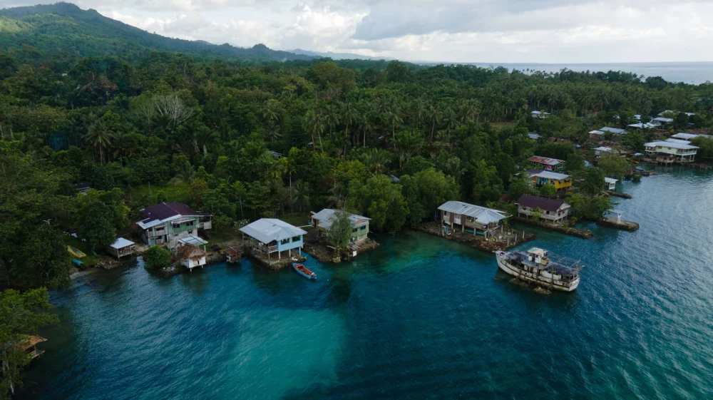 Aerial view of houses at the water's edge, with boats on deep blue and aquamarine water, and green forest to the horizon.