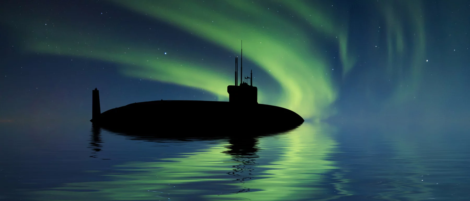 A black silhouette of a submarine breaches the water at center of the image, with green and blue northern lights swirling above and reflected in the water surface below.