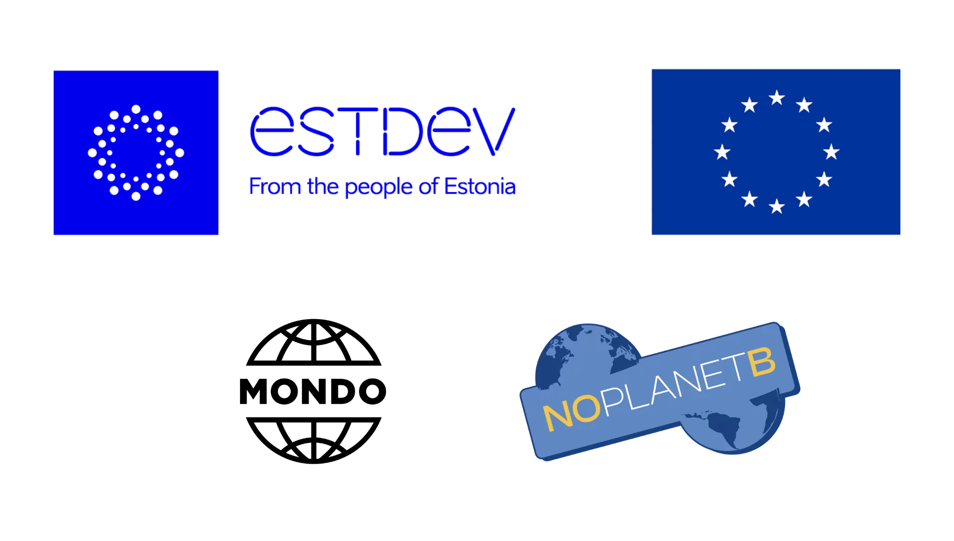 ESTDEV logo, the EU flag, Mondo logo, NOPLANETB project logo
