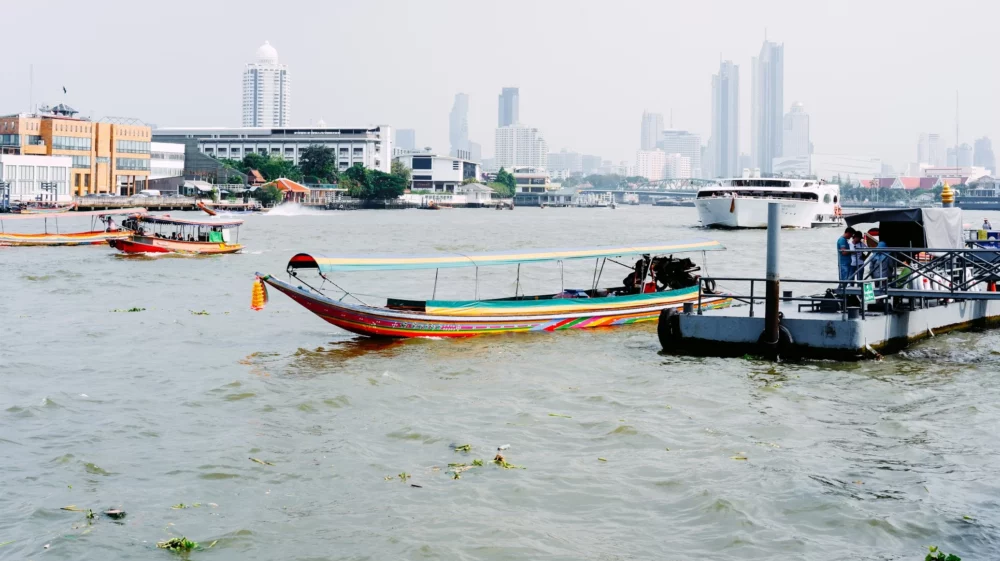 a group of boats floating in body of water with city landscape in the background