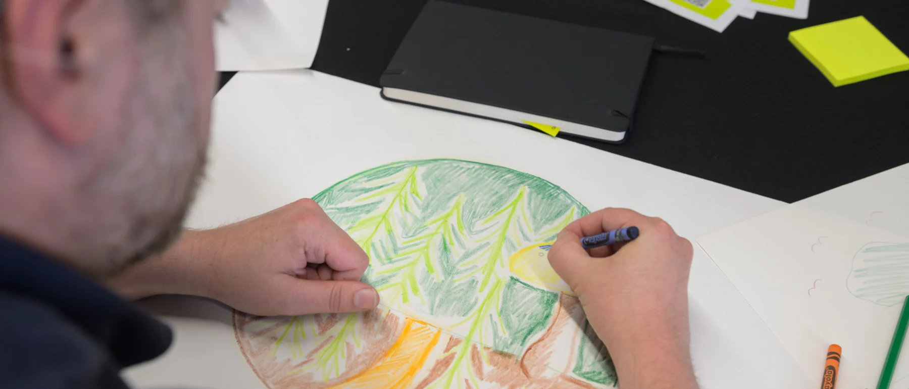 Over-shoulder shot of a man drawing with pencil crayons. He has made a circular image of a yellow path surrounded by brown ground, leading up to green trees.