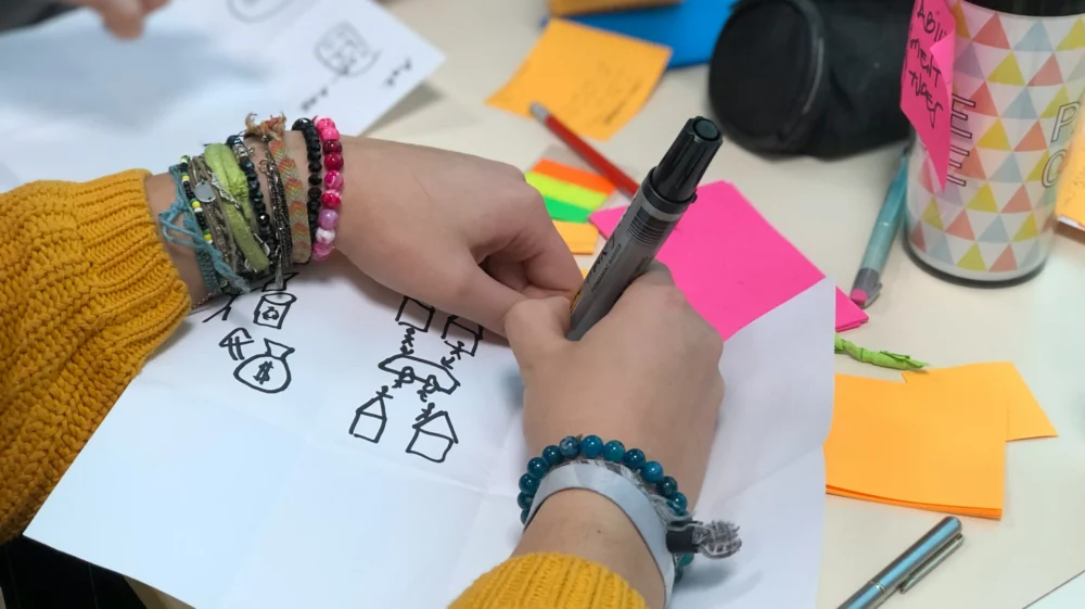 Close up of a woman's hands drawing simple pictures of small houses with a black marker on white paper. The woman is wearing a cardigan with yellow sleeves, and lots of beaded bracelets.