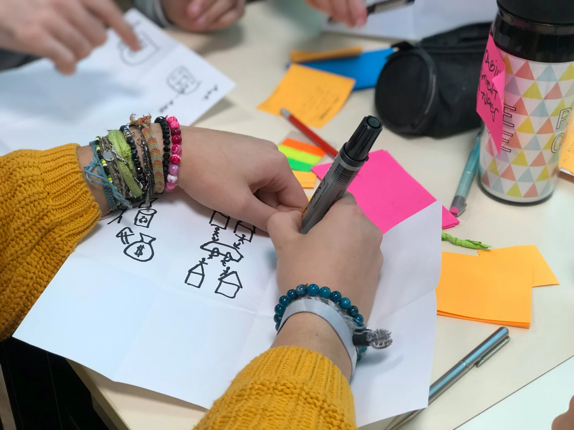 Close up of a woman's hands drawing simple pictures of small houses with a black marker on white paper. The woman is wearing a cardigan with yellow sleeves, and lots of beaded bracelets.