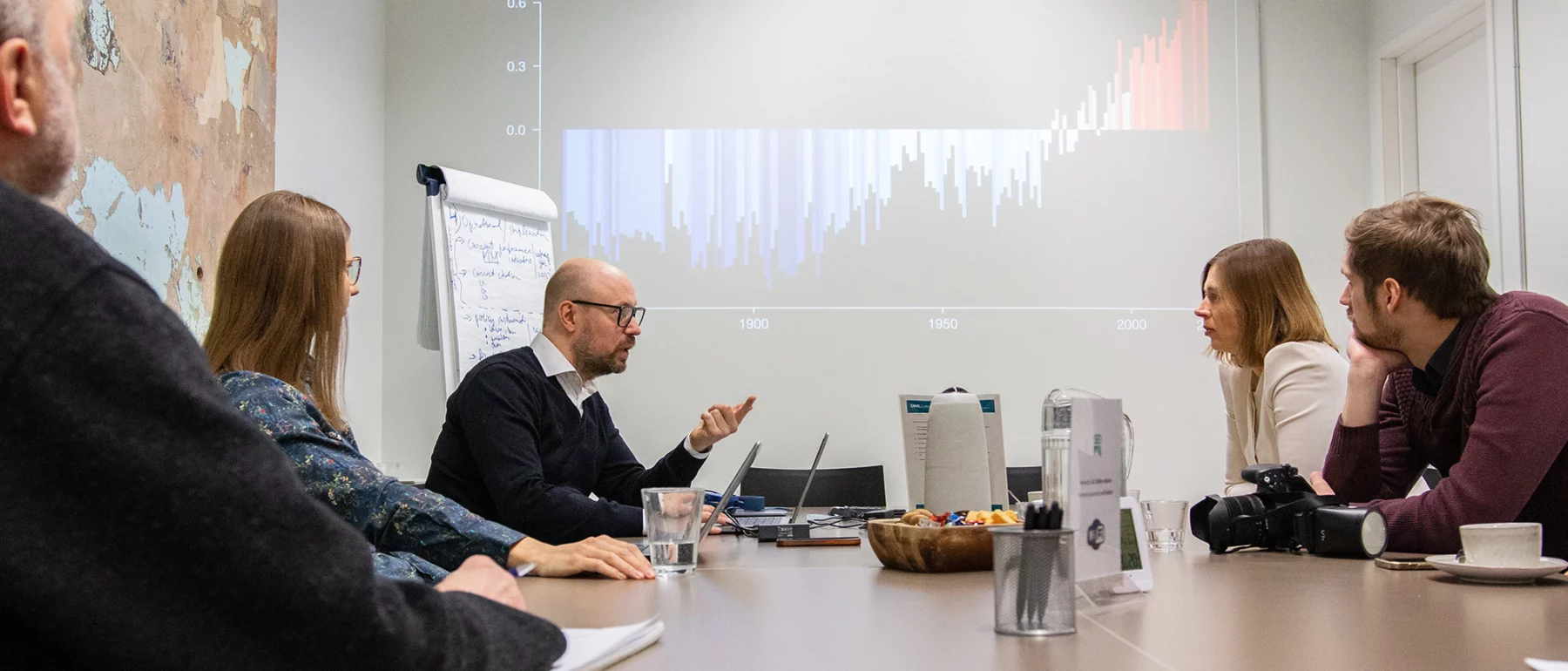 People in discussion around a meeting table, with a chart of global temperature change projected on the wall behind them.