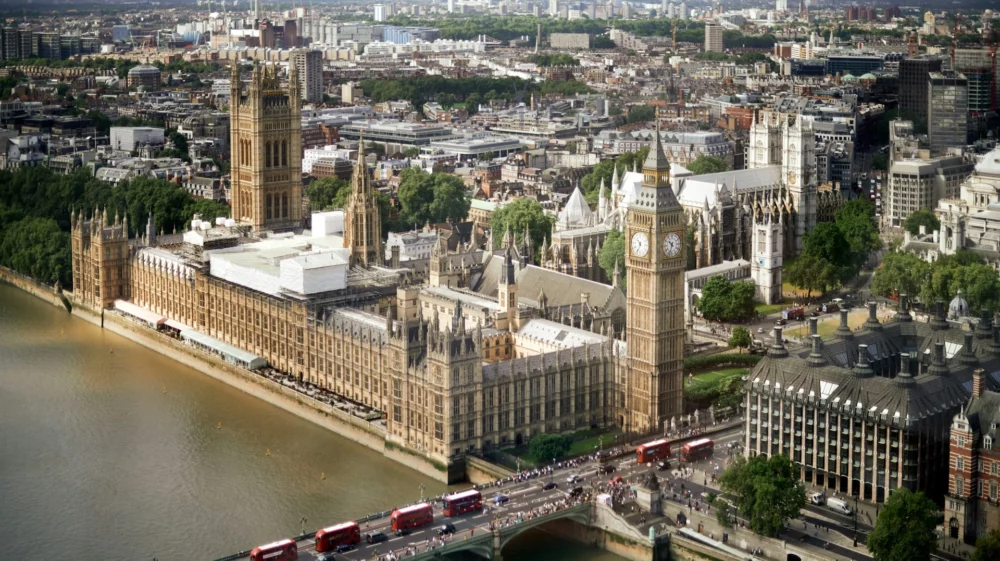 Aerial view of the Houses of Parliament, Big Ben and the Thames.