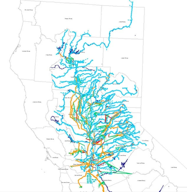 Map showing WEAP schematic of central California with blue, red, purple, yellow and green solid and dotted lines showing rivers, water conveyances and demands in the region.