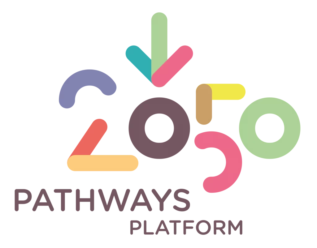 The logo for the 2050 Pathways Platform features a multi-colored, stylized "2050" with an arrow pointing downward over the first 0. Brown uppercase text follows below reading, "PATHWAYS PLATFORM."