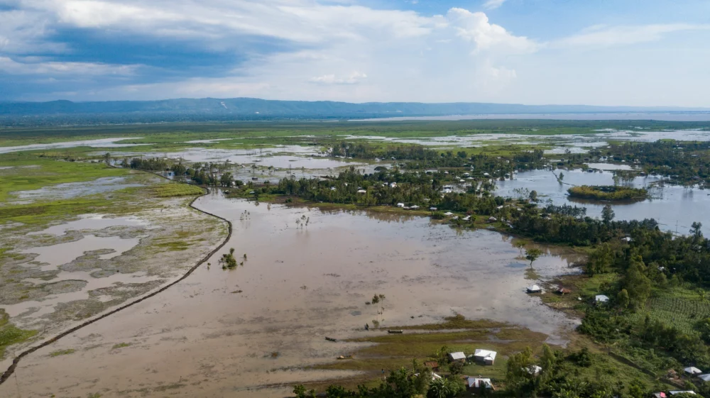 Aerial view of flooded rice fields in Ahero, Kenya