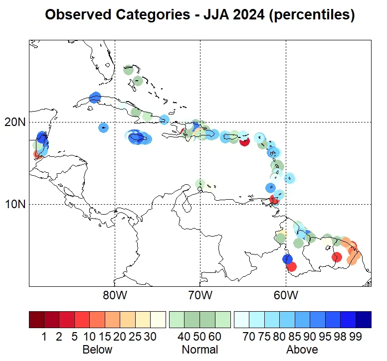 A black and white outline map of the Caribbean and north coast of South America is dotted with different-colored circles to indicate verification of rainfall forecasts, showing the observed rainfall in the indicated areas.