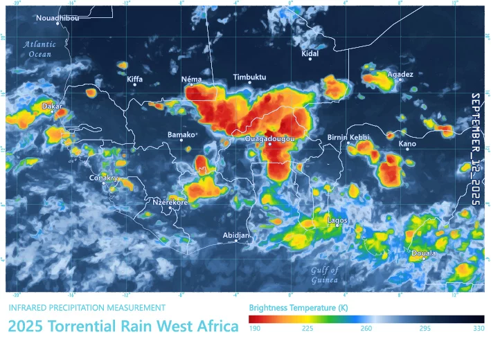 Precipitation map focused over west Africa, showing heavy precipitation in red and orange blobs over Mali and Burkina Faso.