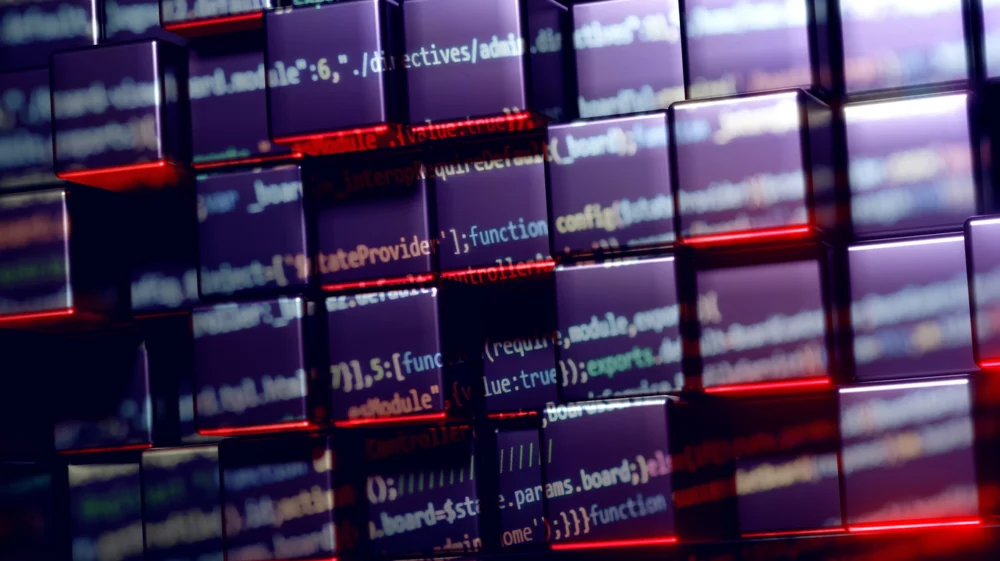 Abstract Cube Background With Red Lights And Programming Code