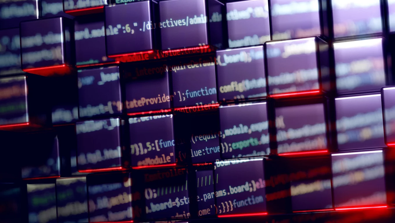 Abstract Cube Background With Red Lights And Programming Code