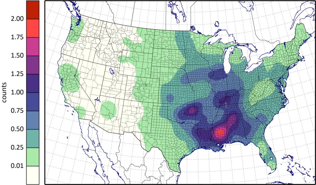 A map of the United States is divided by county, showing green blue, purple and red blobs throughout the map to indicate annual EF1 and EF2 tornado occurrences within a 20-mile radius, with EF standing for the Enhanced Fujita scale of intensity. The greatest frequency, in purple, pink and red, is shown over central Mississippi.