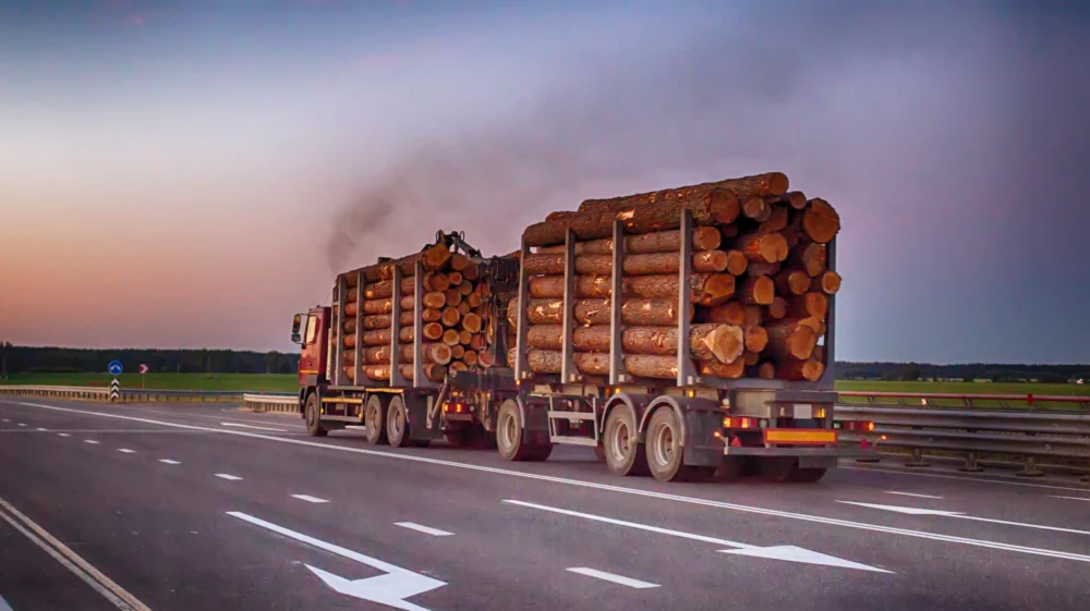 A loaded timber truck transports timber logs with an overload on the highway, black smoke
