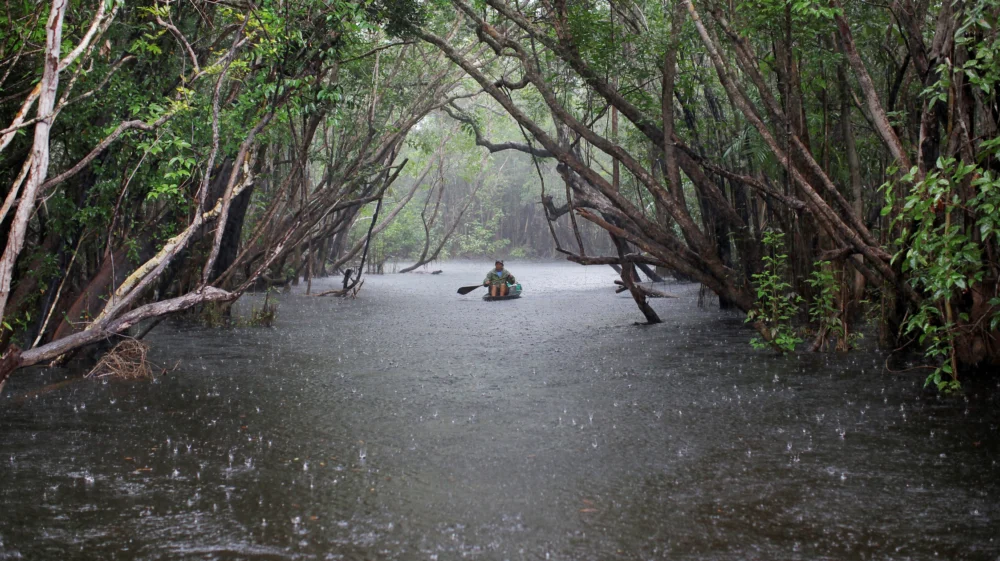 Amazonian woman rows Rio Negro river in rain