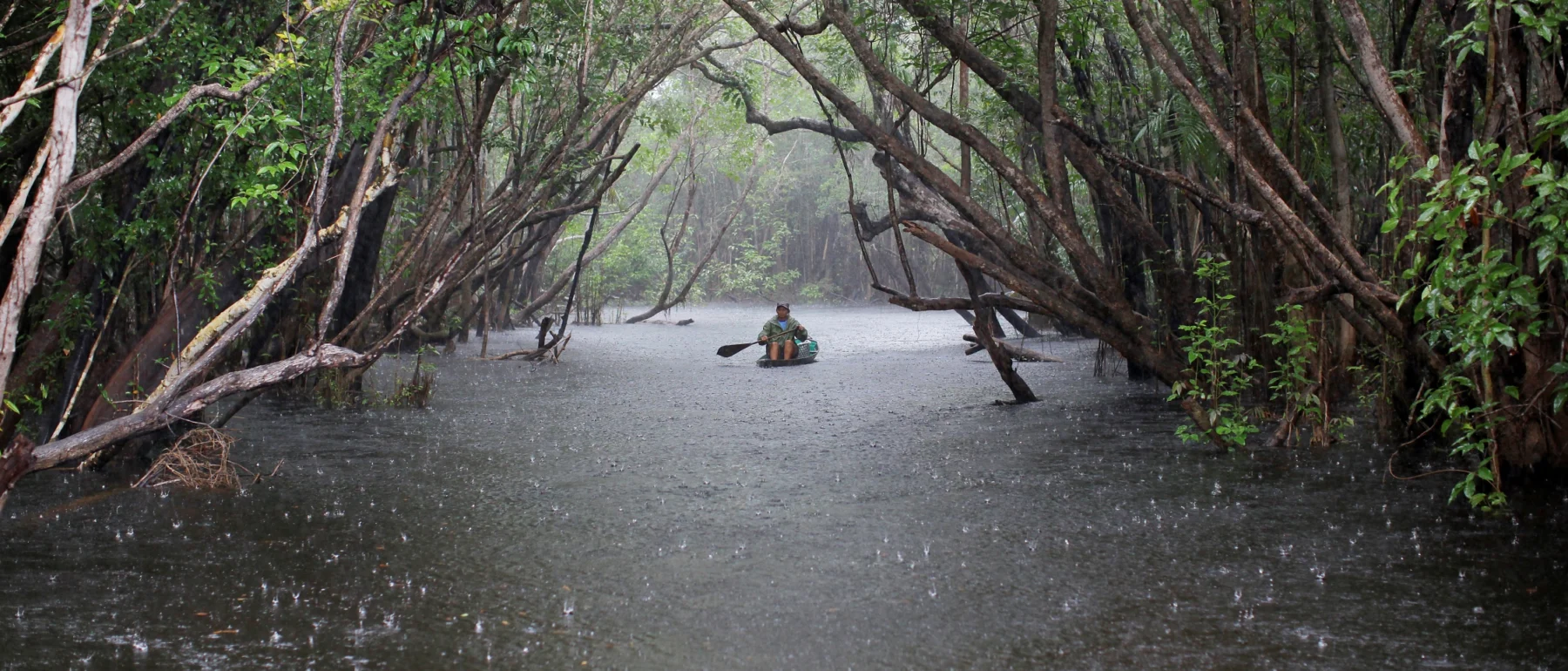 Amazonian woman rows Rio Negro river in rain