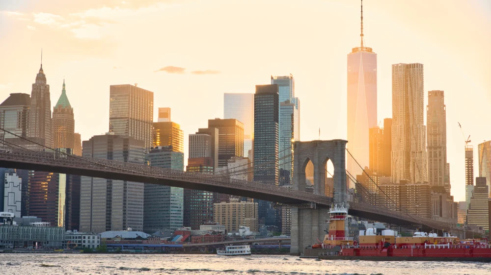 Brooklyn Bridge foregrounding New York City's skyline