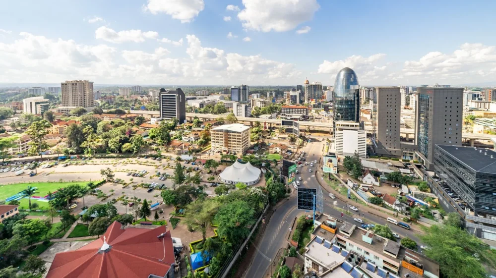 High angle view of Nairobi's skyline with modern buildings and a clear blue sky