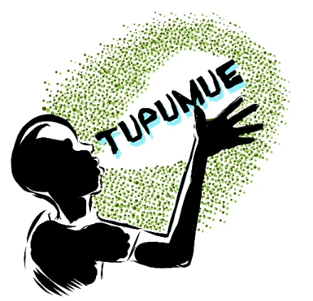 Silhouette of an upper body and head in profile to the viewer. The right arm is raised, and the figure's face is turned upwards. The word