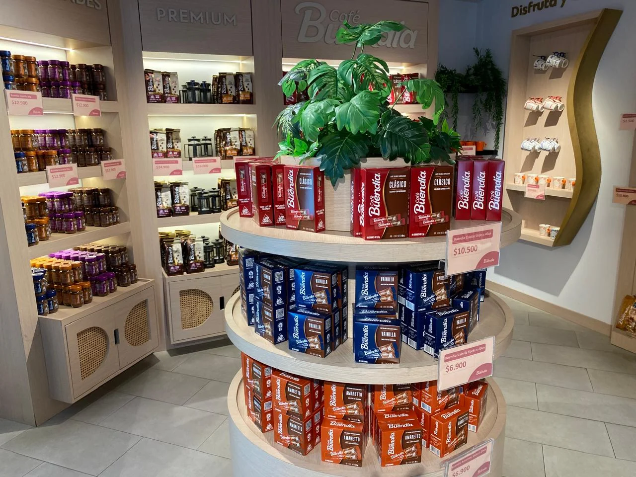 A round shelf with specialty coffee for sale
