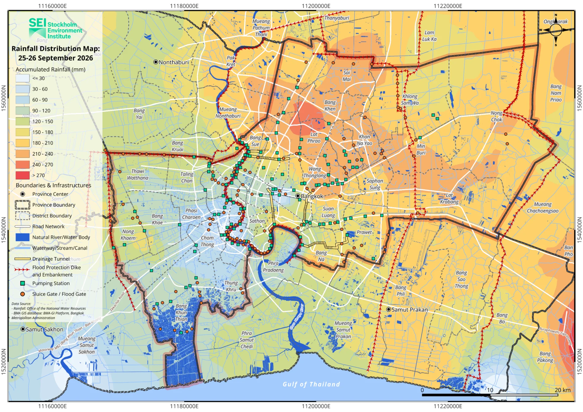 A map of Bangkok with neighbourhoods shaded red and orange in the centre of the city and green and blue towards the edges and the Gulf of Thailand.