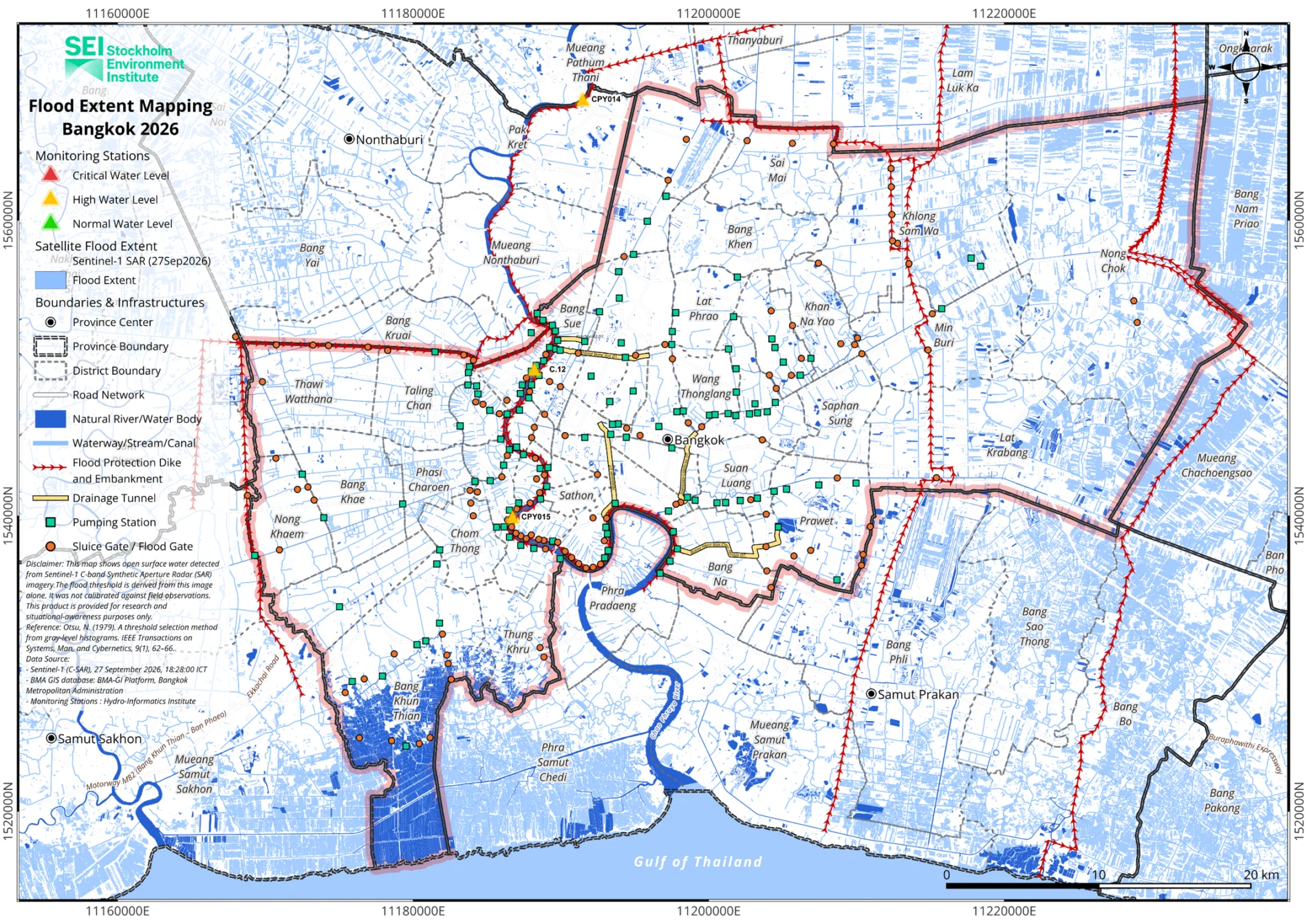 A map of the city of Bangkok with dots indicating pumping stations, tunnels and other infrastructure, as well as triangles with high-water marks and other details.
