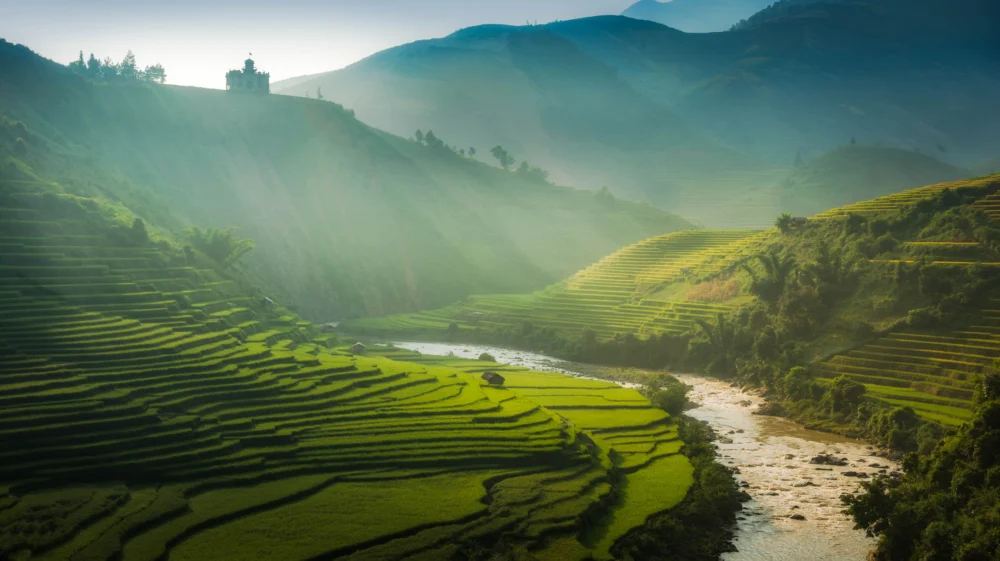 View of green hills in Mu Cang Chai, Yen Bai, Vietnam.