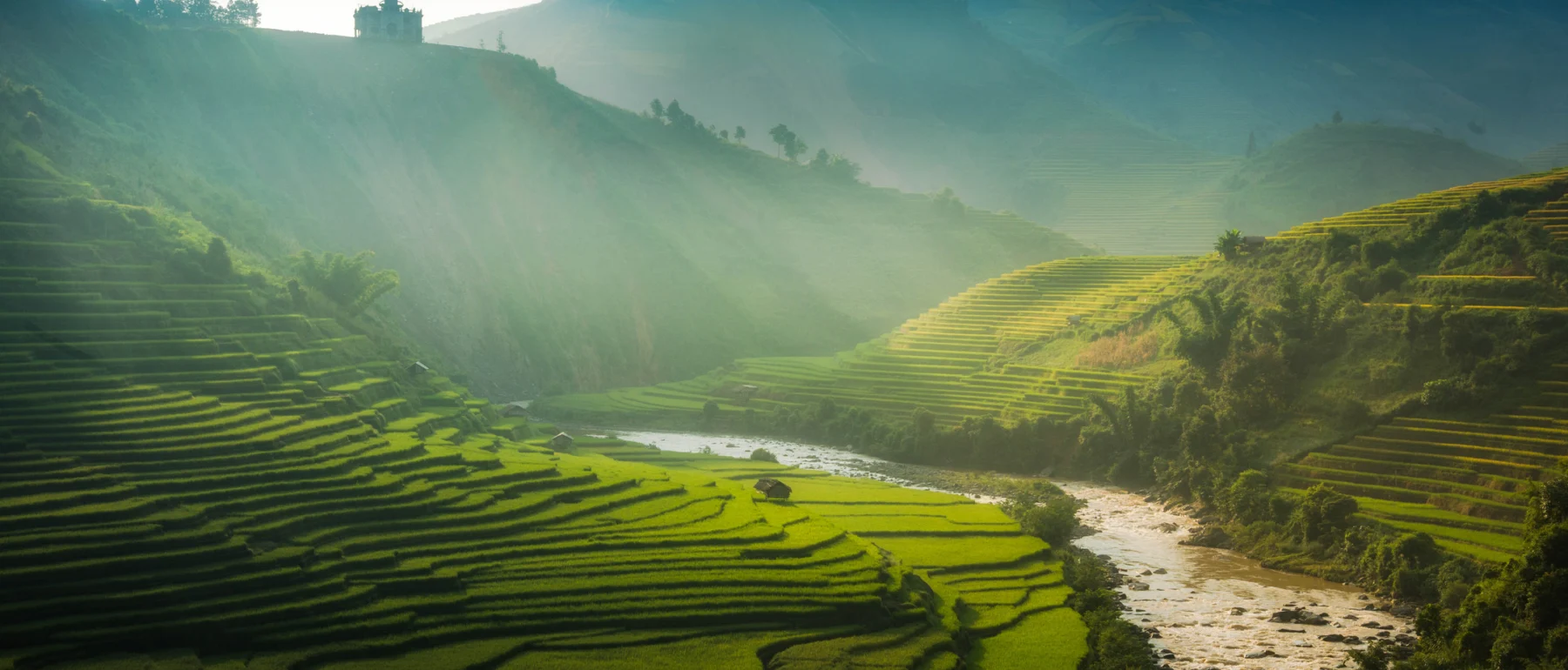 View of green hills in Mu Cang Chai, Yen Bai, Vietnam.