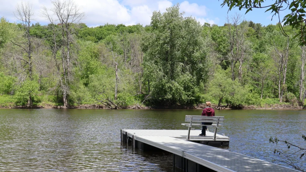 Woman sitting on the bridge, looking at the river. Forest on the other side of the river.